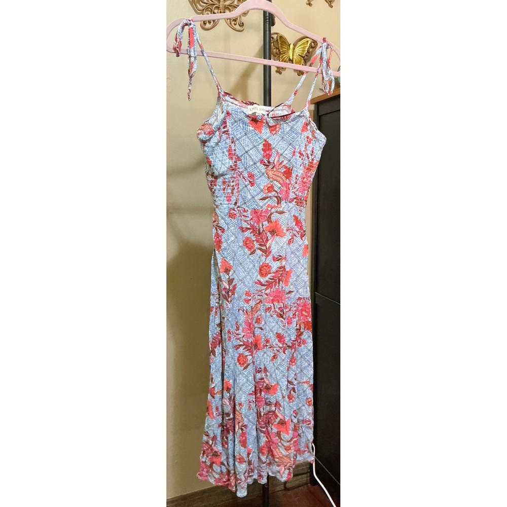 Knox Rose Blue Floral Smocked Tie Shoulder Midi Dress Womens Medium Boho